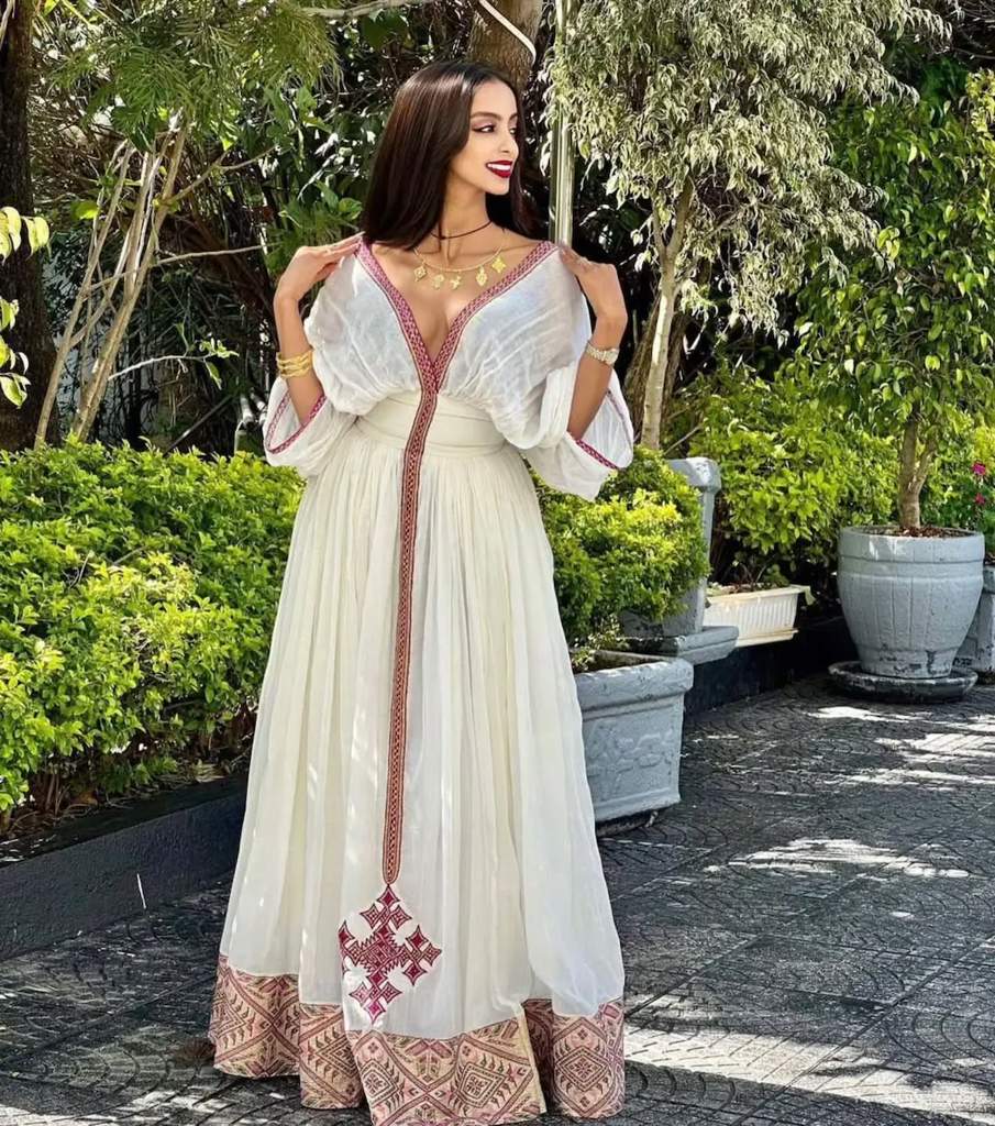 ASKIAMT White-and-Gold Wedding Habesha Kemis with Netela