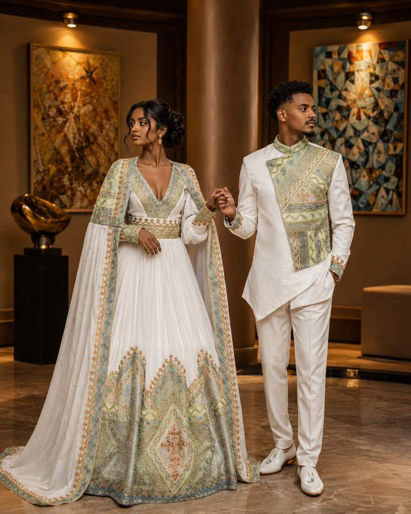 ASKIAMT White-and-Gold Wedding Habesha Kemis with Netela