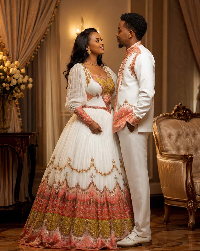 ASKIAMT White-and-Gold Wedding Habesha Kemis with Netela