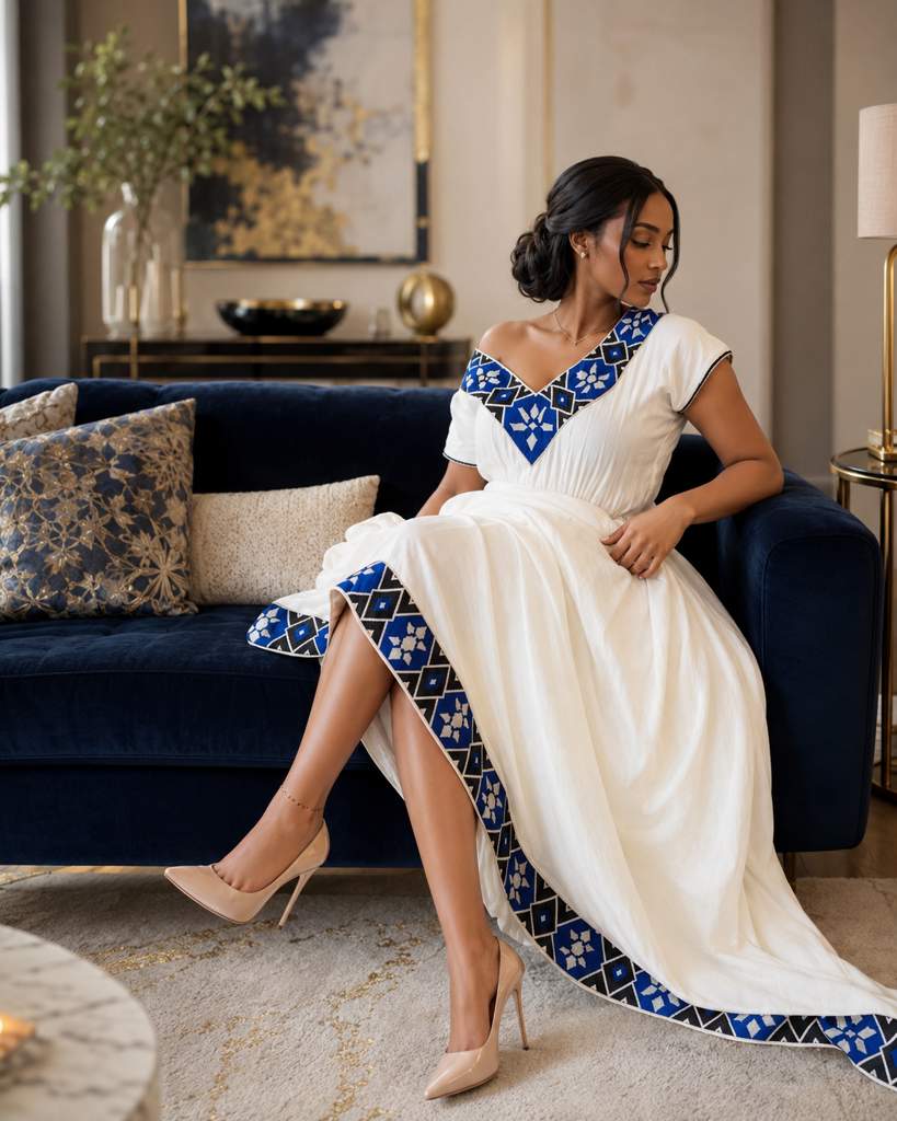 ASKIAMT White-and-Gold Wedding Habesha Kemis with Netela