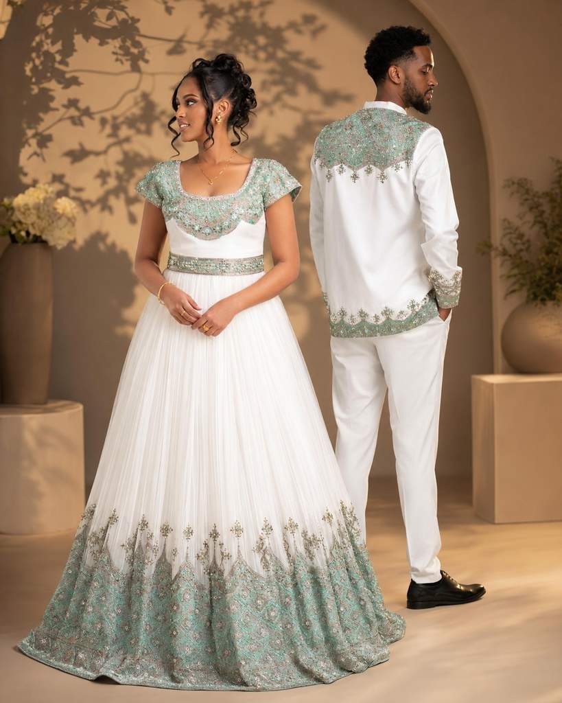 ASKIAMT White-and-Gold Wedding Habesha Kemis with Netela