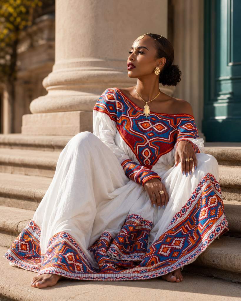 ASKIAMT White-and-Gold Wedding Habesha Kemis with Netela