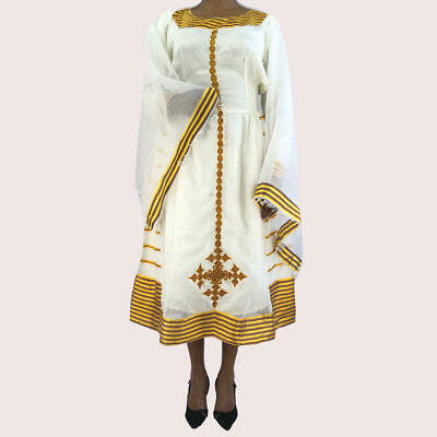 ASKIAMT White-and-Gold Wedding Habesha Kemis with Netela
